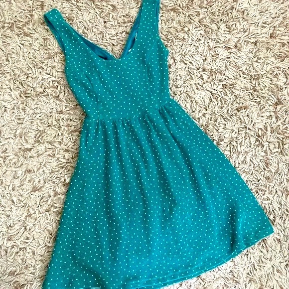 LC by Lauren Conrad Greenish Blue Polka Dot Skater Cross Back Flared Mini Dress - Picture 1 of 4